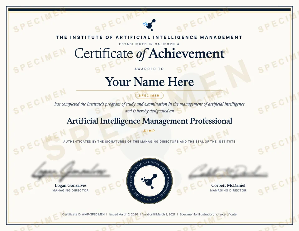 Sample AIMP certificate with the holder's name, the Institute seal, signatures, a certificate ID and a QR code for verification