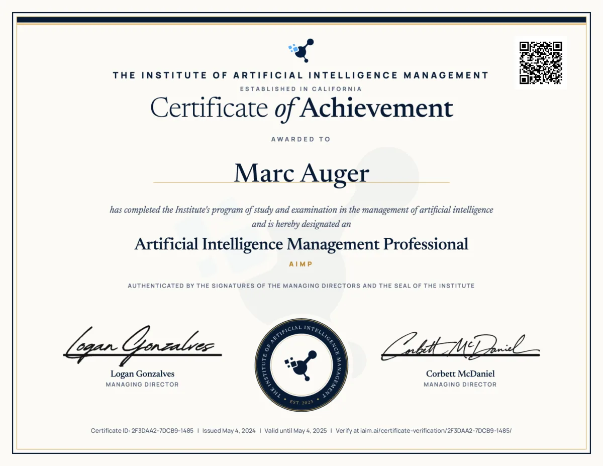AIMP certificate issued to Marc Auger, certificate ID 2F3DAA2-7DCB9-1485