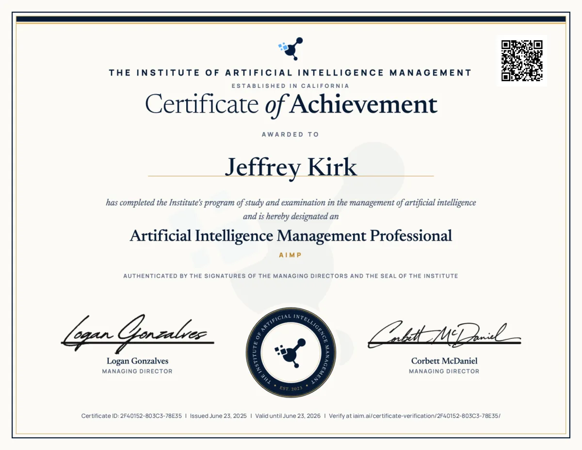 AIMP certificate issued to Jeffrey Kirk, certificate ID 2F40152-803C3-78E35