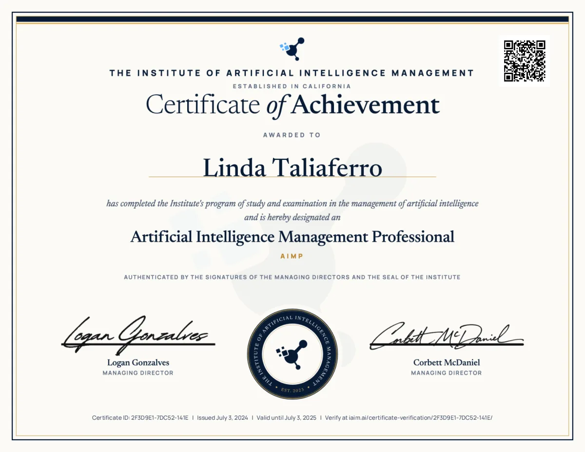 AIMP certificate issued to Linda Taliaferro, certificate ID 2F3D9E1-7DC52-141E