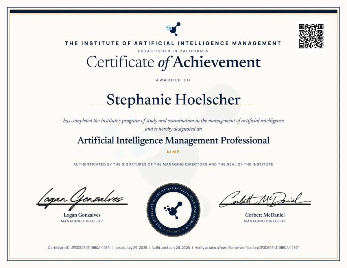 AIMP certificate issued to Stephanie Hoelscher, certificate ID 2F3DB06-3119B0A-14E9