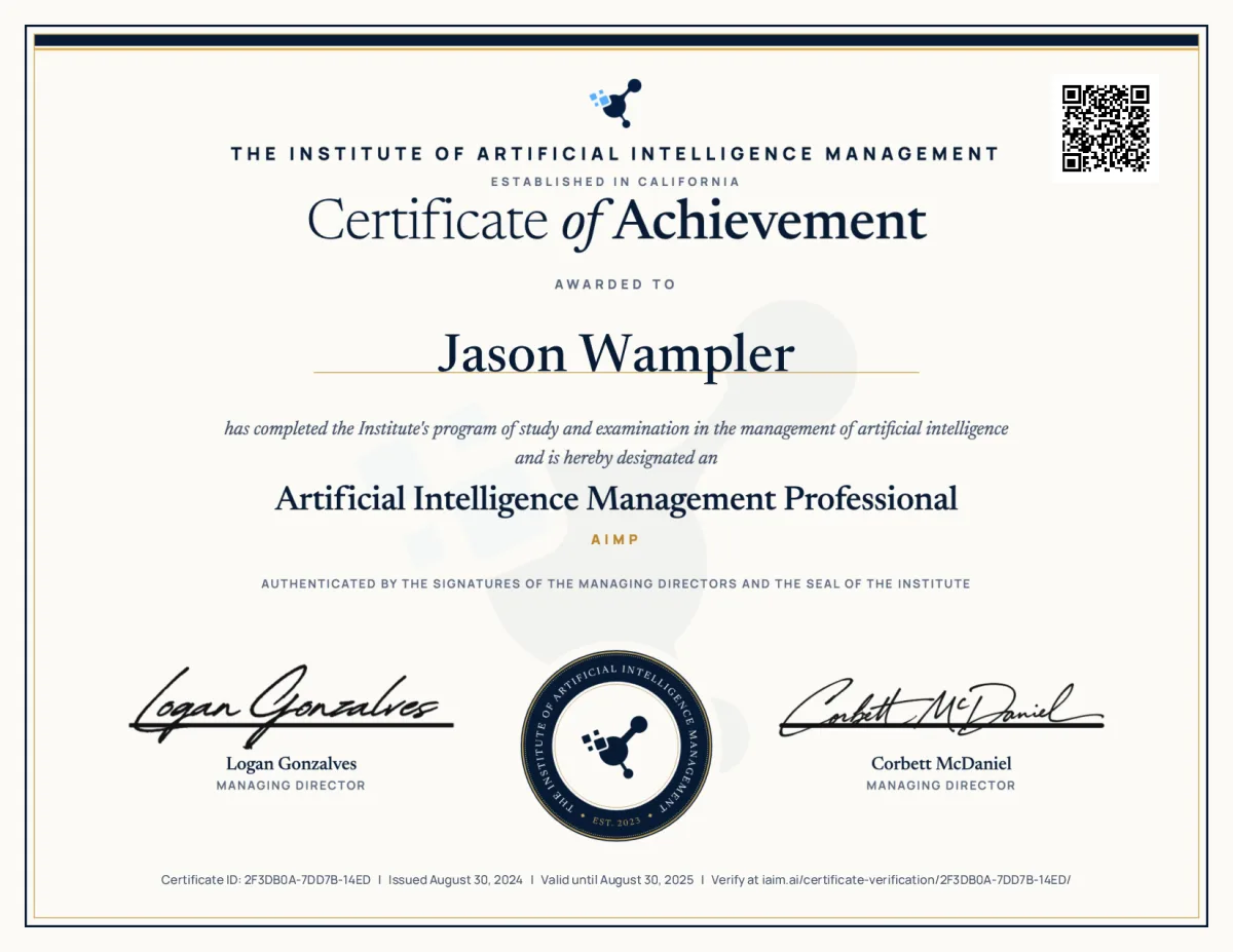 AIMP certificate issued to Jason Wampler, certificate ID 2F3DB0A-7DD7B-14ED