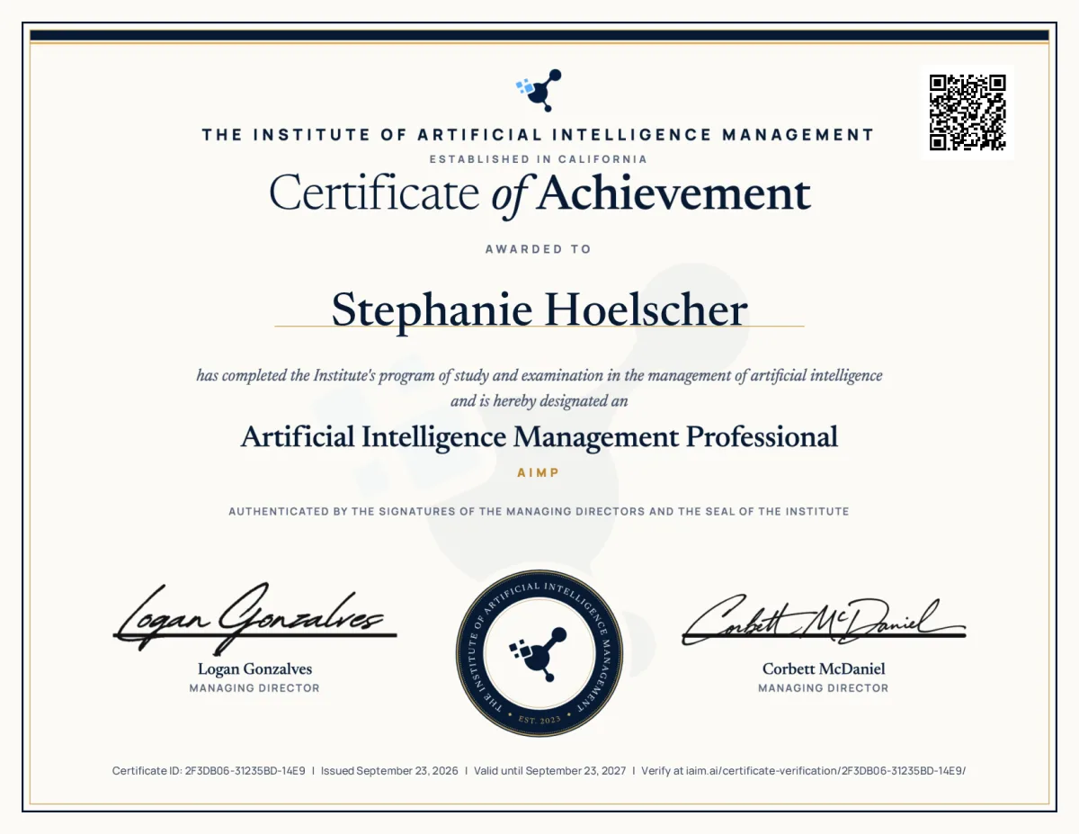 AIMP certificate issued to Stephanie Hoelscher, certificate ID 2F3DB06-31235BD-14E9